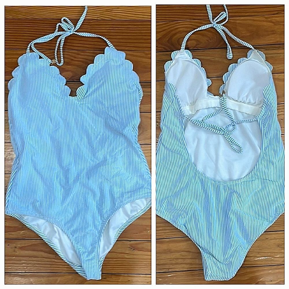 Jessica Simpson Blue White One Piece Scallop Seersucker Halter Women's Swimsuit